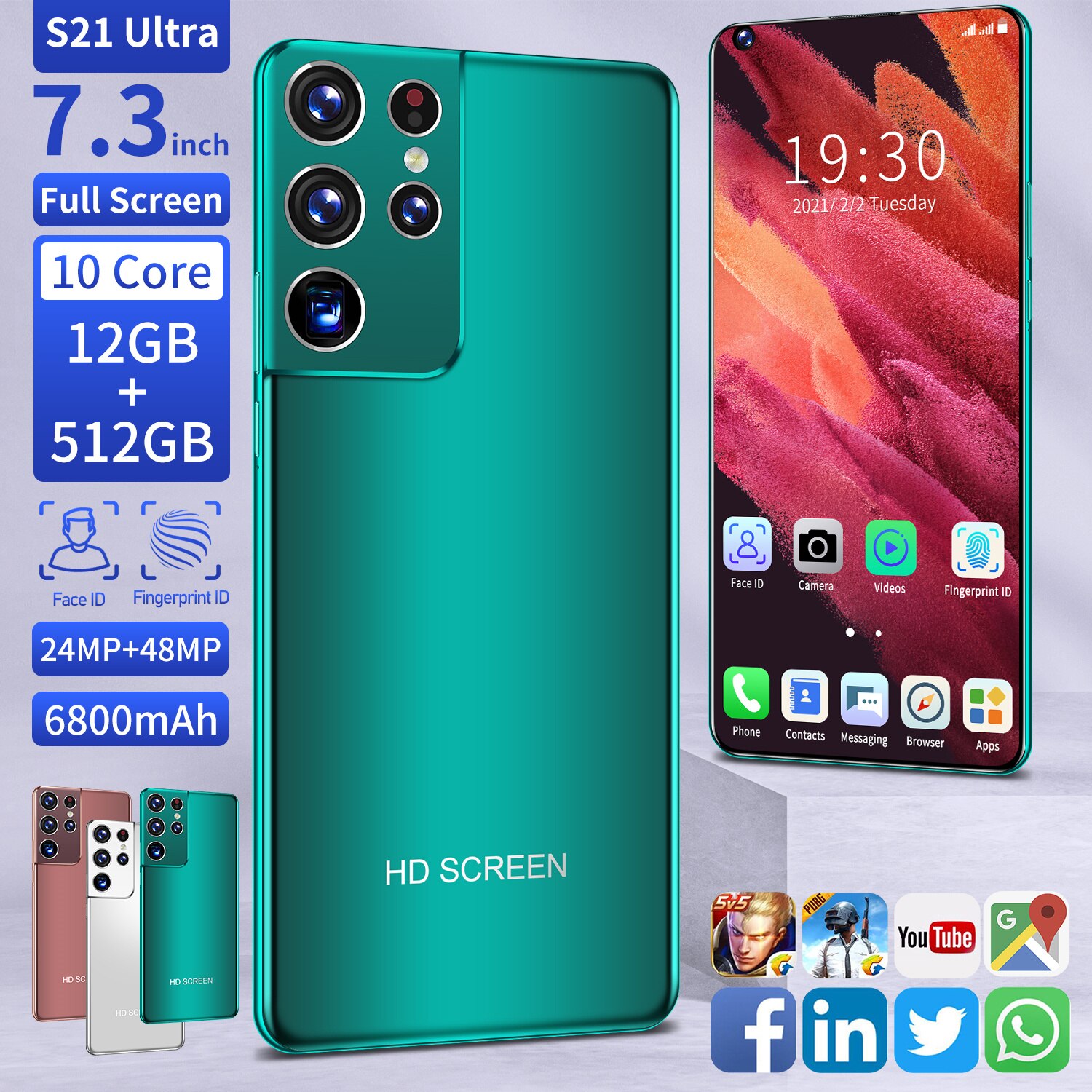 Global Version S21 Ultra 7.3 Inch SmartPhone 10 Core 6800mAh 12+512GB HD Full Screen Support Face ID 4G 5G Android Mobile Phone