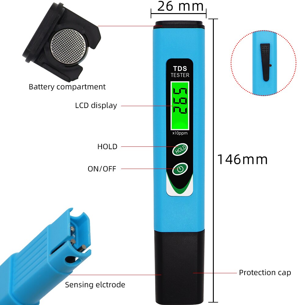 1Pcs TDS-966 TDS tester Portable Digital TDS meter Measuring Water  meter Quality Purity Tester for Aquarium 0-9999 ppm