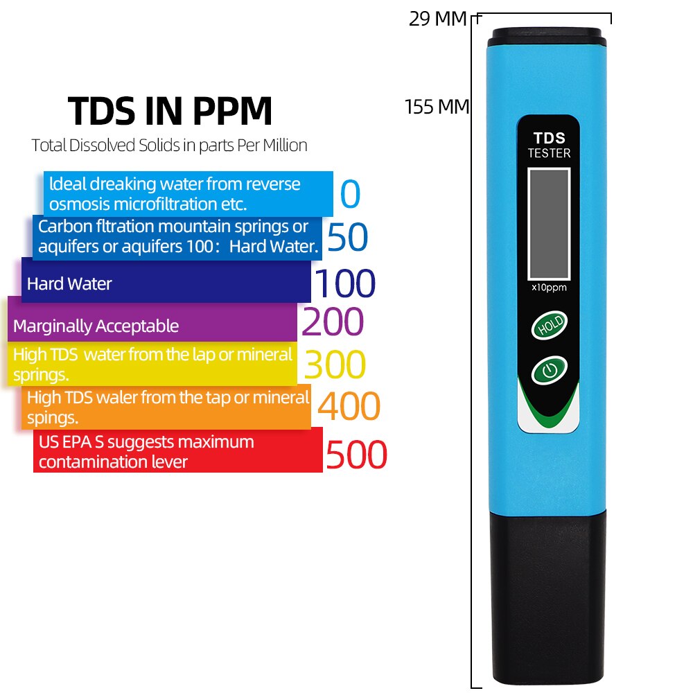 1Pcs TDS-966 TDS tester Portable Digital TDS meter Measuring Water  meter Quality Purity Tester for Aquarium 0-9999 ppm