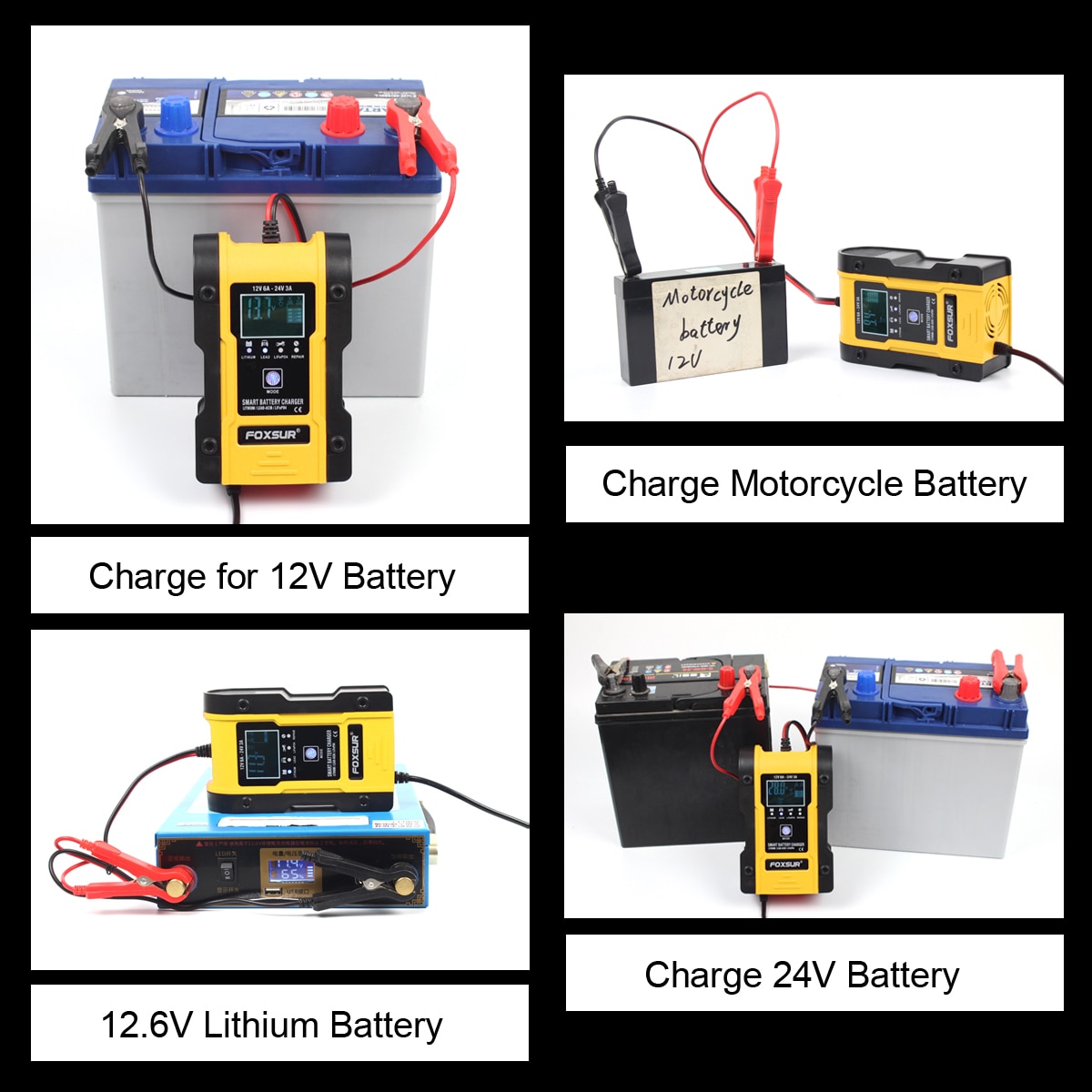 12V 24V Car Battery Charger, 6A 12.6V Lithium Battery Charger & Maintainer, 7-Stage Car & Motorcycle Battery Charger
