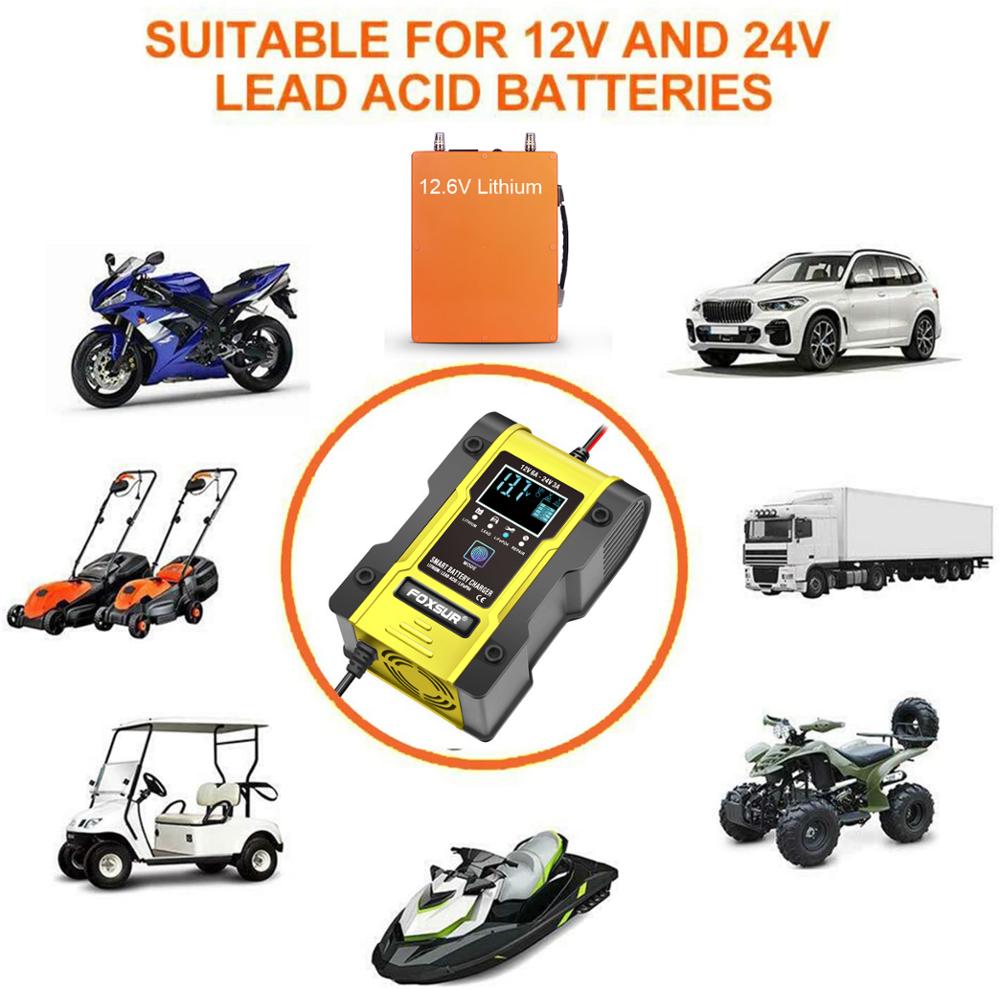 12V 24V Car Battery Charger, 6A 12.6V Lithium Battery Charger & Maintainer, 7-Stage Car & Motorcycle Battery Charger