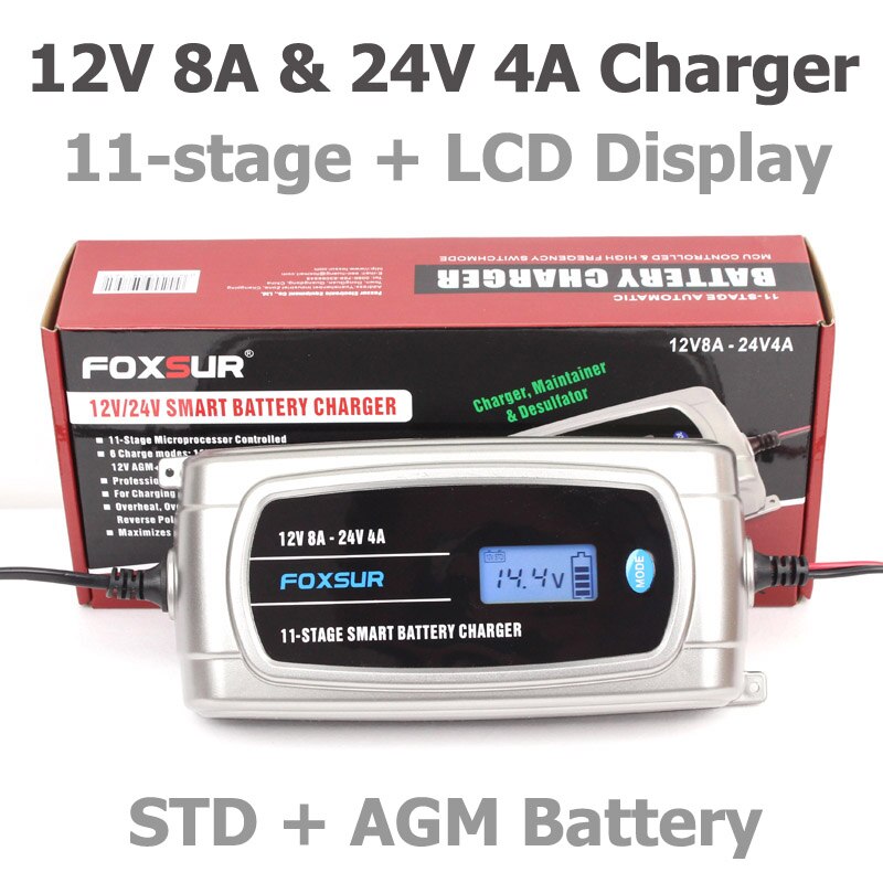 12V 24V Waterproof Truck Car Battery Charger, EFB GEL WET AGM Battery Charger with LCD Display, Battery Type Selectable