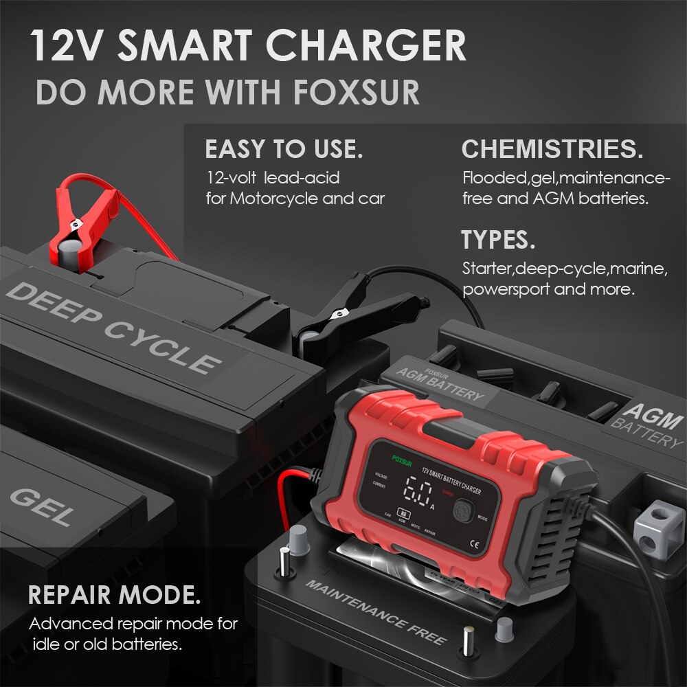 12V 6A Smart Battery Charger with LED Display, Motorcycle & Car Battery Charger 12V AGM GEL WET Lead Acid Battery Charger