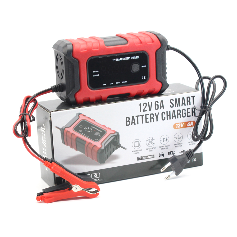 12V 6A Smart Battery Charger with LED Display, Motorcycle & Car Battery Charger 12V AGM GEL WET Lead Acid Battery Charger