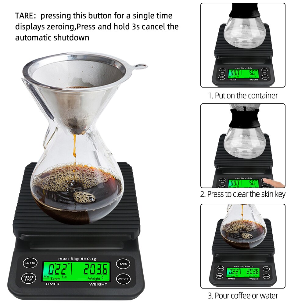 3kg/0.1g Multi-function Drip Coffee Scale With Timer Digital Kitchen Coffee Scale High Precision LCD Electronic Scales