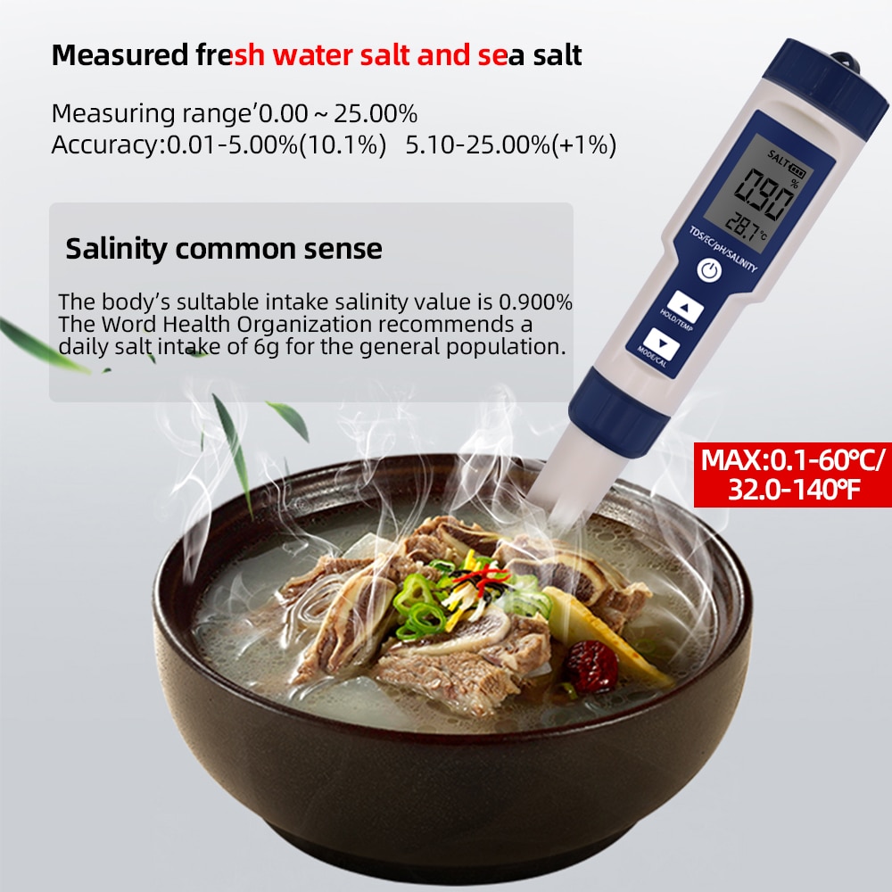 5 in 1Digital Meter pH EC TDS Salinity Temperature Water Quality Food Beverages Salt Content Aquarium Seawater ATC Meter