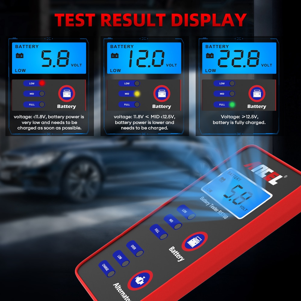 ANCEL BST60 12V Digital Car Battery Tester Battery Condition Tester Alternator Charging System Analyzer Battery Test with Cigarette Lighter