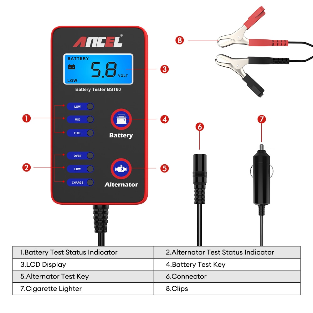 ANCEL BST60 12V Digital Car Battery Tester Battery Condition Tester Alternator Charging System Analyzer Battery Test with Cigarette Lighter