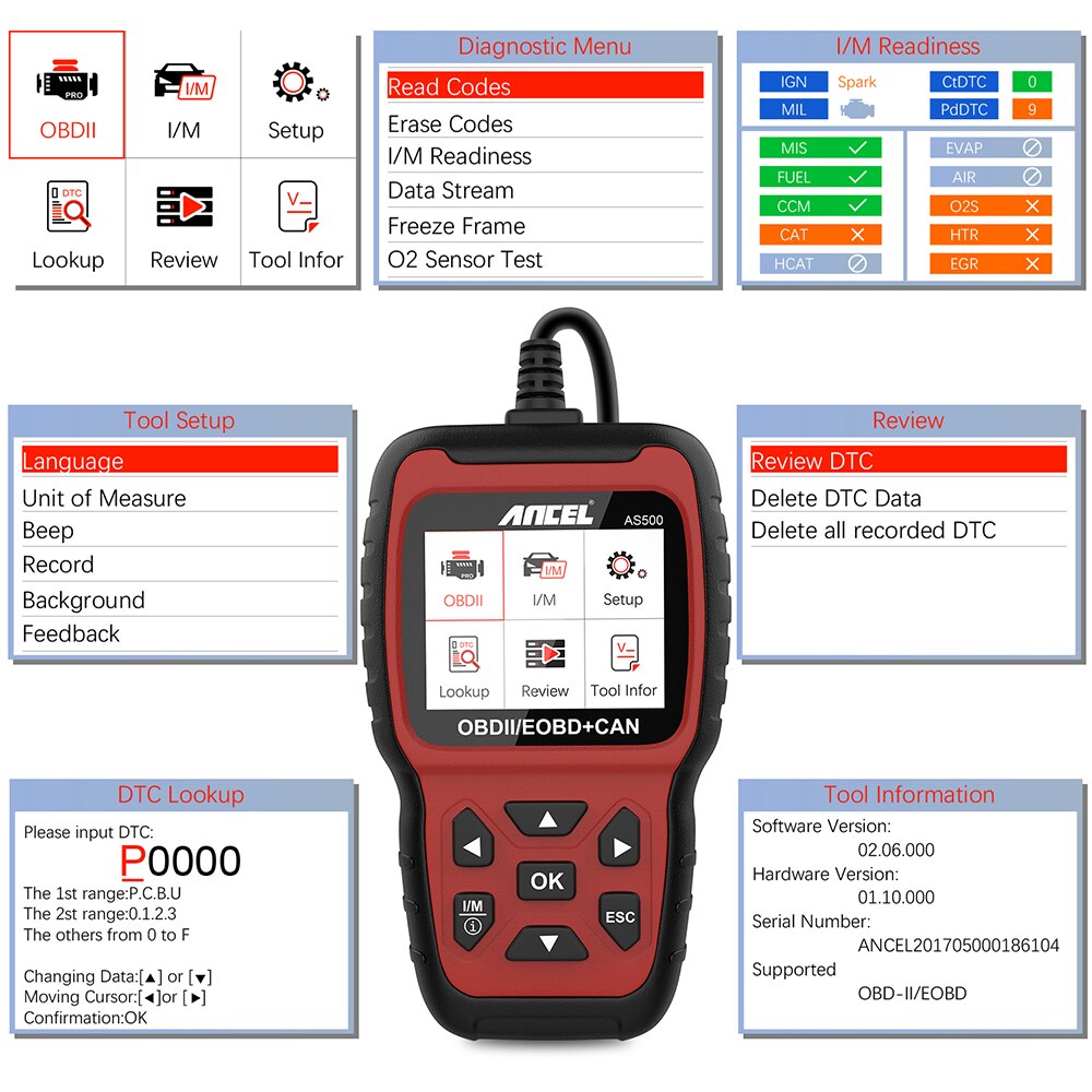 Ancel AS500 OBD2 Scanner Vehicle Engine Code Reader Tester OBD Car Diagnostics Tool Multilingual Free Update ODB II Automotive Scanner