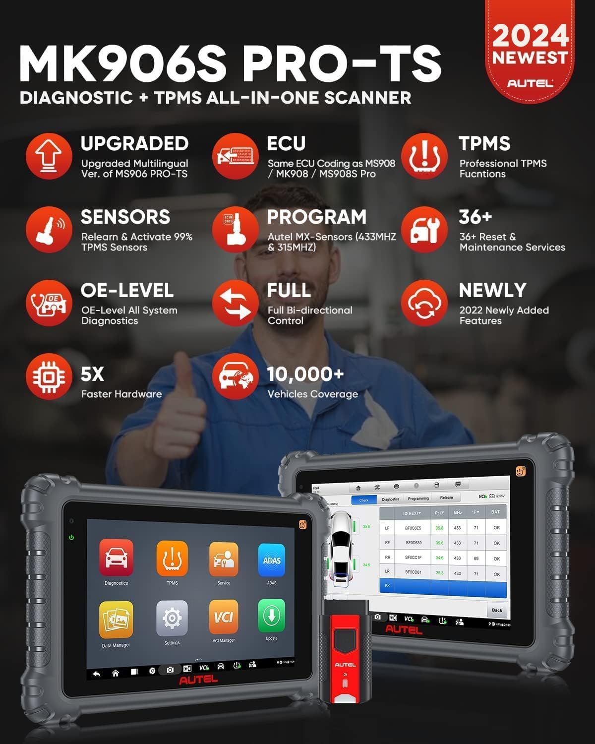 Autel MaxiCOM MK906S PRO TS (MK906Pro TS) TPMS Diagnostic Scanner with ECU Coding, Bi-directional Control, and 2 Free Autel TPMS MX-Sensor