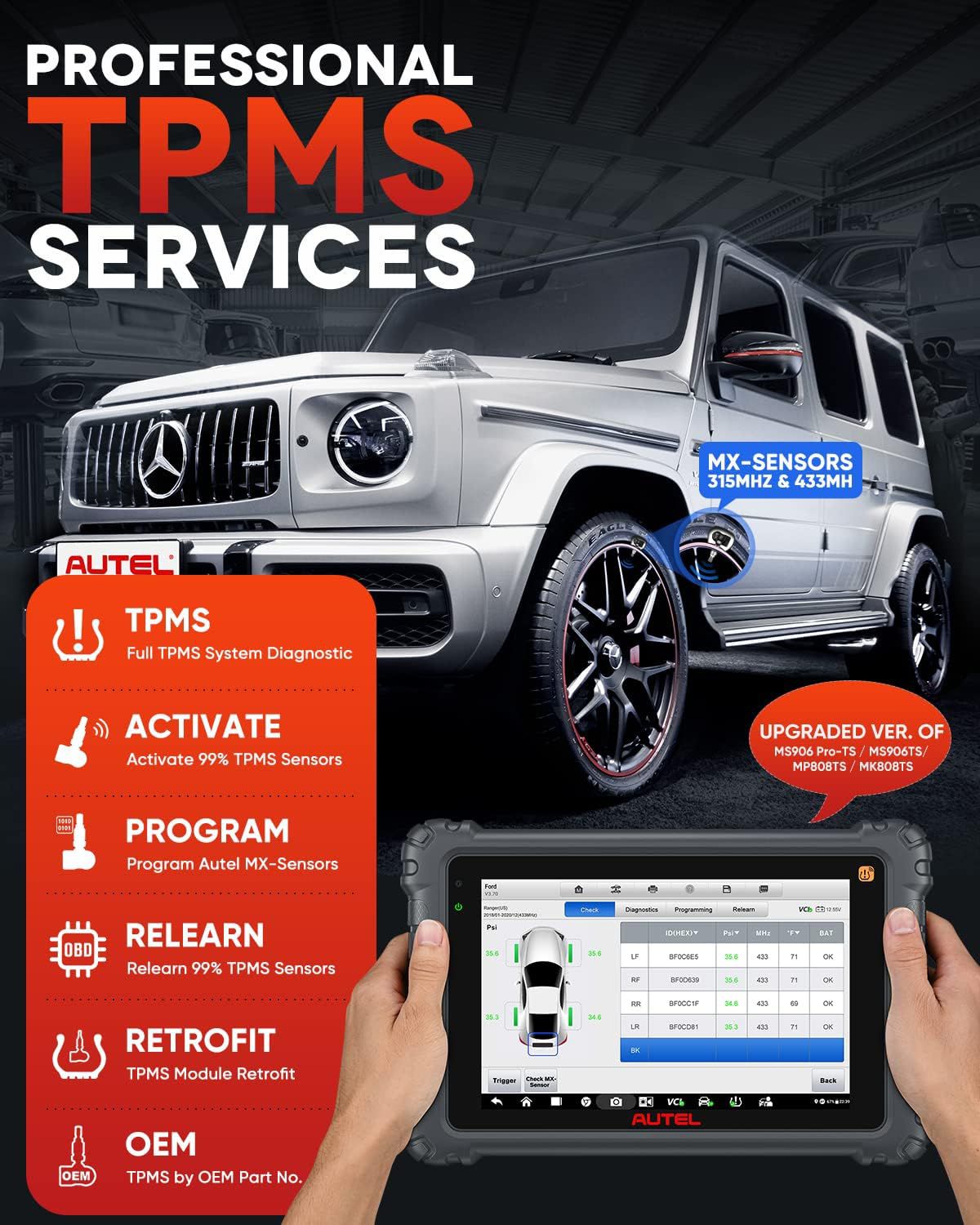 Autel MaxiCOM MK906S PRO TS (MK906Pro TS) TPMS Diagnostic Scanner with ECU Coding, Bi-directional Control, and 2 Free Autel TPMS MX-Sensor