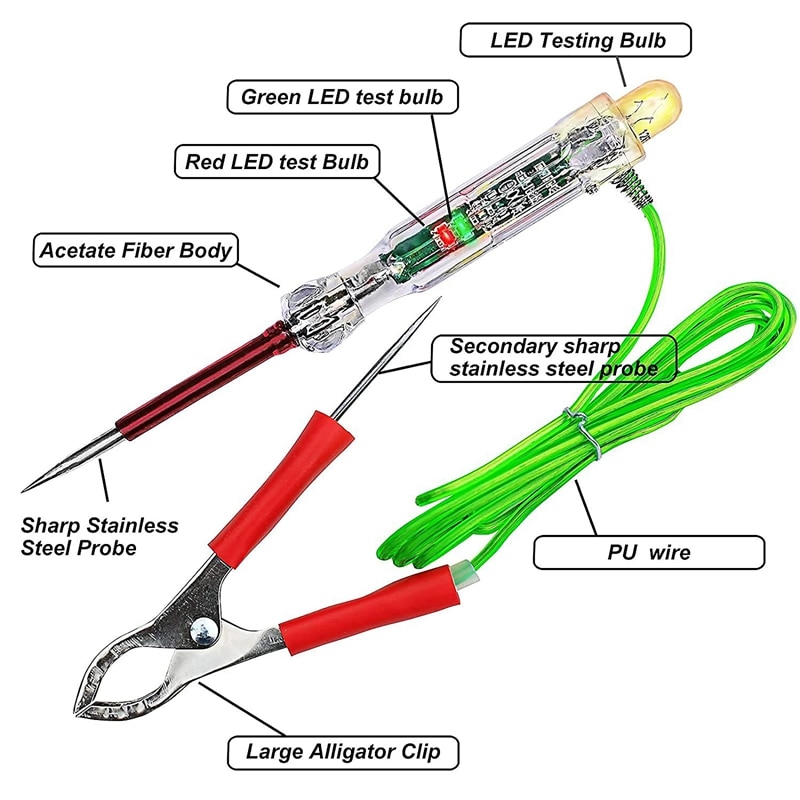 Automotive LED Circuit Tester 6-24V Test Pen Light With Dual Probes 47 Inch Antifreeze Wire Alligator Clip For Testing Car Circuit Detection Pen