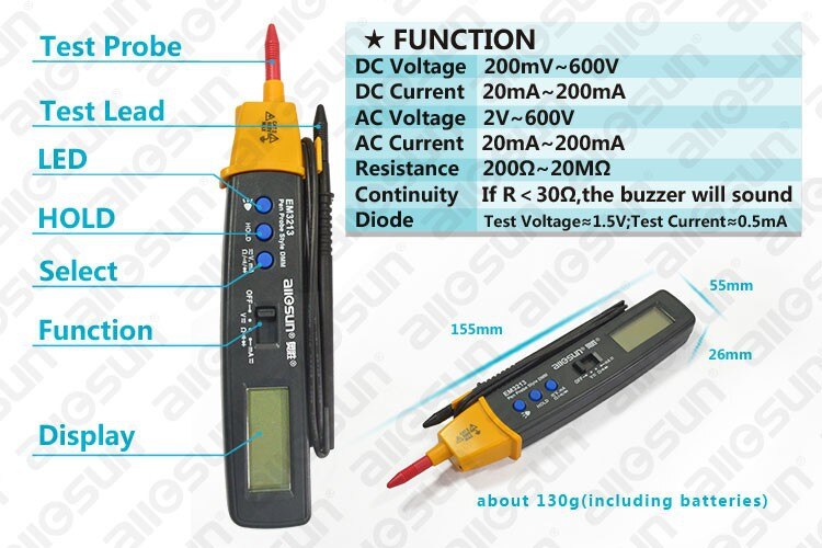 AutoRange Pen Style Digital Multimeter DMM AC DC Volt Amp Ohm Integrated Automotive Tester Resistance Continuity ALL SUN EM3213