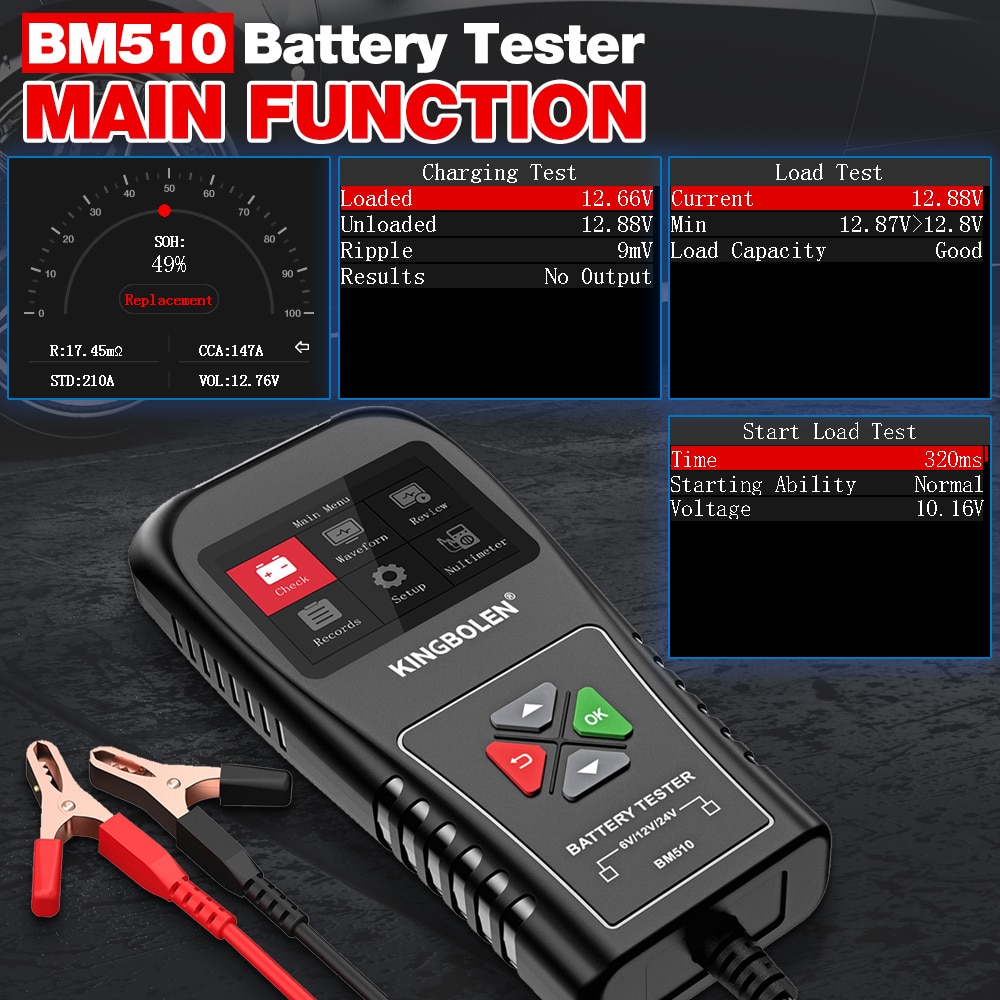BM510 Car Battery Tester 6V 12V 24V Multimeter Cranking Charging Ripple Load Test Motorcycle Truck Battery Analyzer