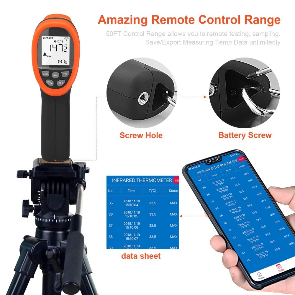 BT-985C-APP Bluetooth 12:1 Digital Infrared Thermometer Temp Range -58℉~1472℉(-50℃～800℃) Non Contact IR Temperature Gun