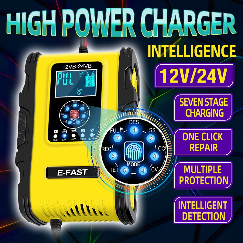 Quick Charge 12A Car Battery Charger 12V 24V Pulse Repair LiFePO4 Motorcycle & Car Battery Charger AGM Deep GEL EFB Lead-Acid