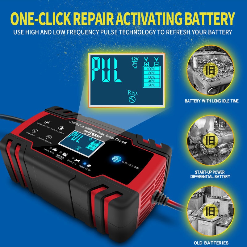 Car Battery Charger 12/24V 8A Touch Screen Pulse Repair LCD Fast Power Charging Wet Dry Lead Acid Digital LCD Display
