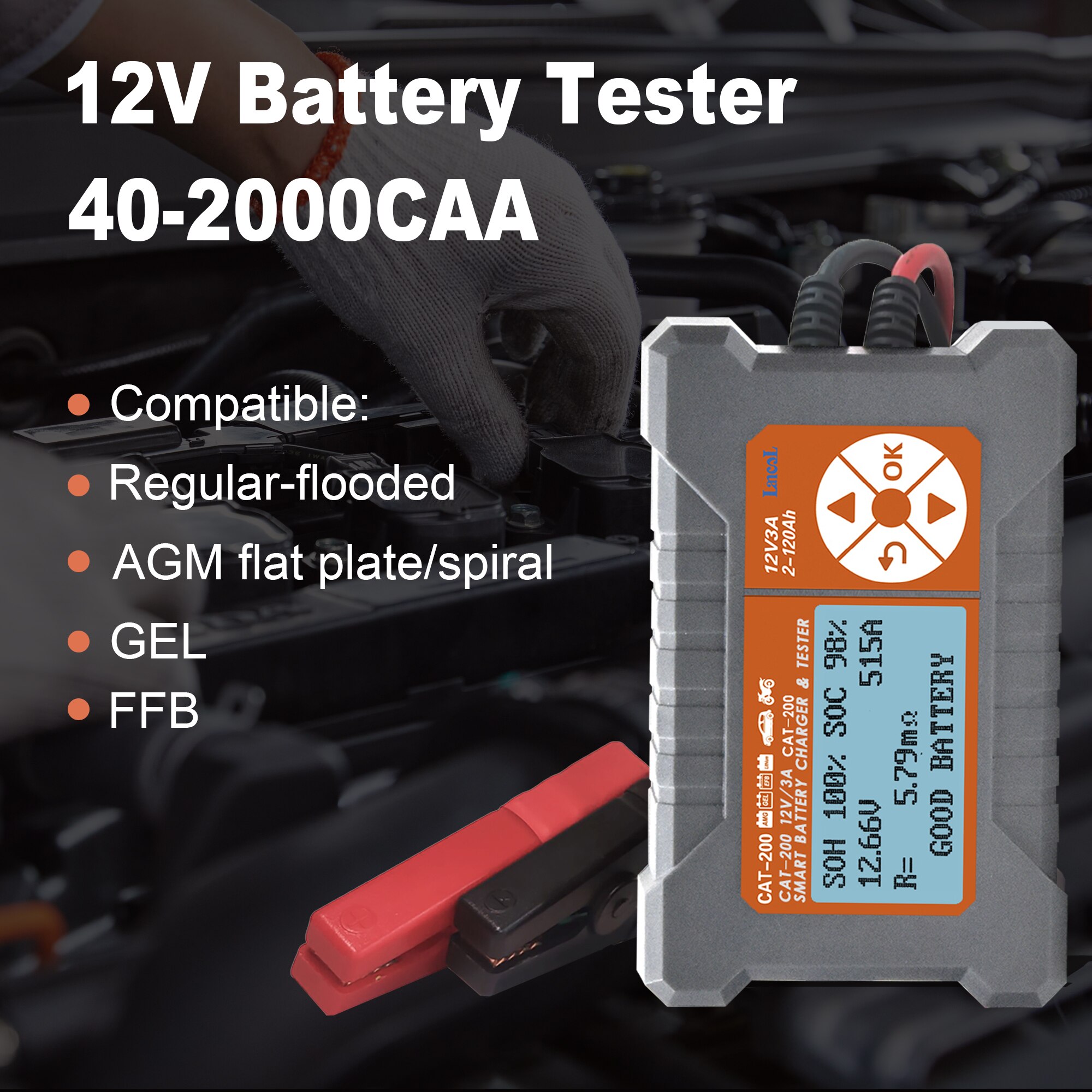 CAT200 12V 3A 3 In 1 Car Battery Tester Battery Charger Fully Automatic Power off Professional Battery Detector