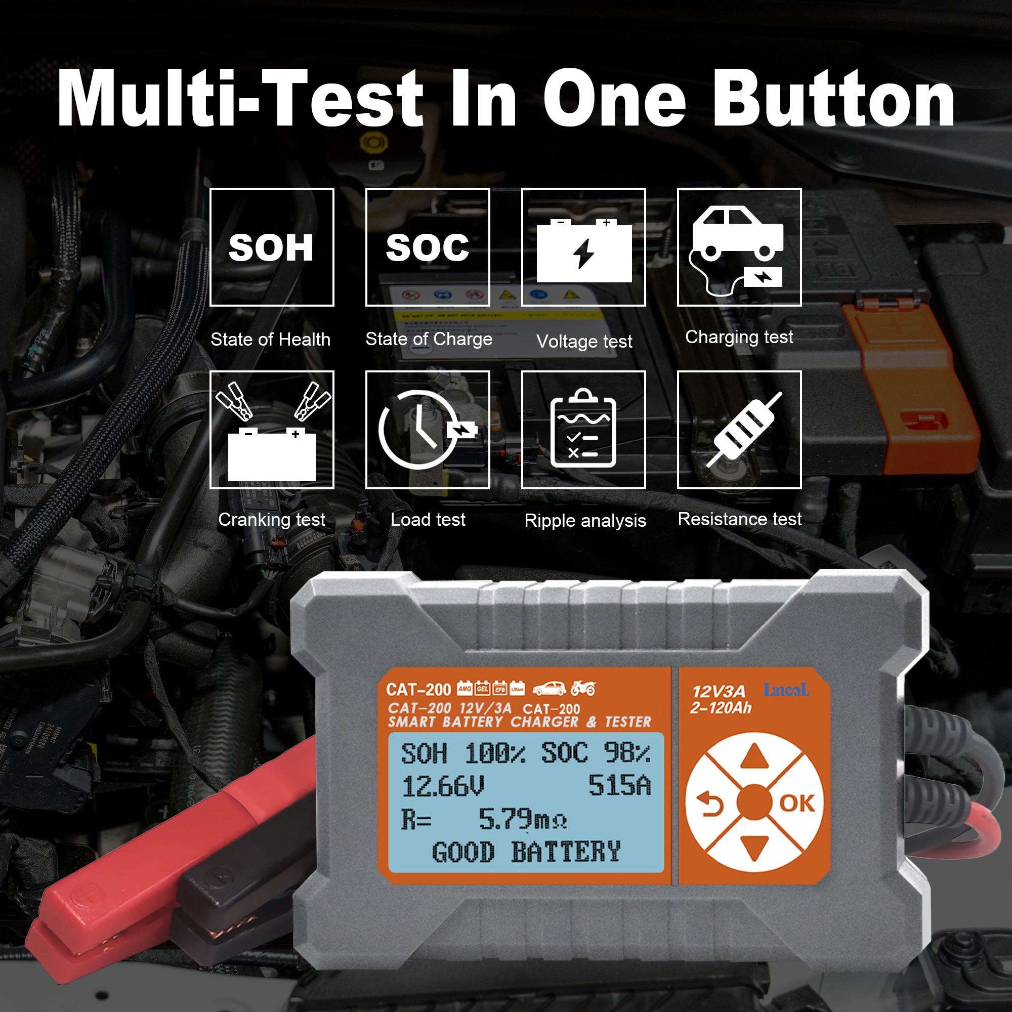 CAT200 12V 3A 3 In 1 Car Battery Tester Battery Charger Fully Automatic Power off Professional Battery Detector