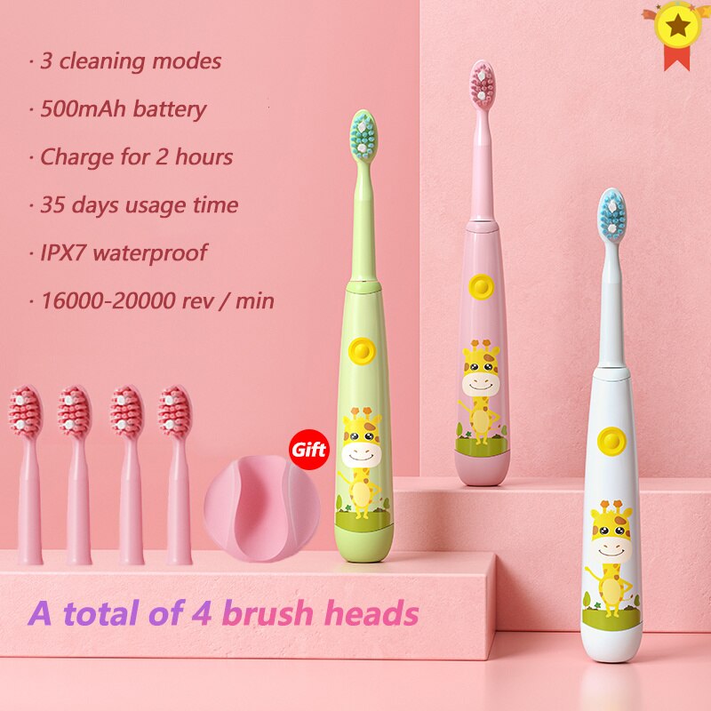 Children Electric Sonic Toothbrush for 3-12 Ages Kids Toothbrush Smart Timer + Soft Bristle 4 Replacement Brush Heads