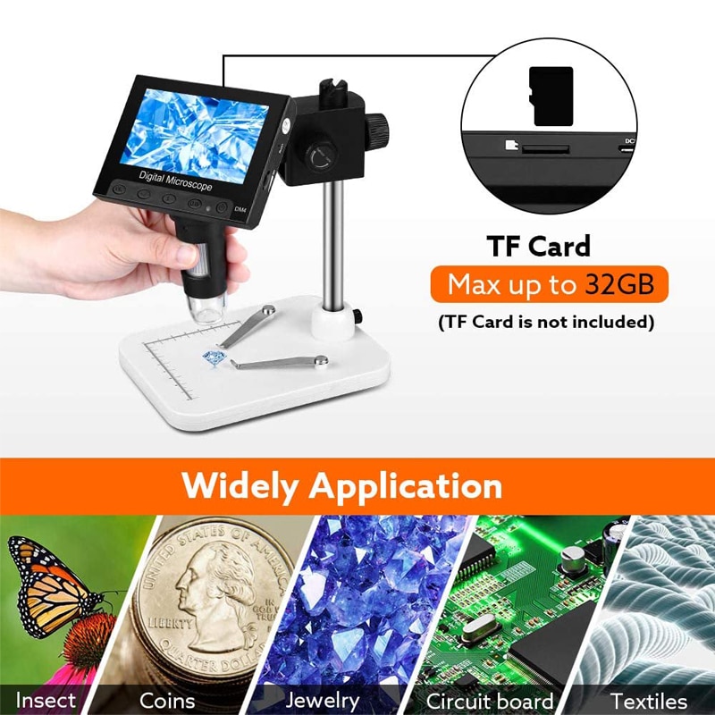 4.3"LCD Display USB Digital Electronic Microscope Endoscope Record 1000X 2 Megapixels with 8 LED Stand for Repair Soldering