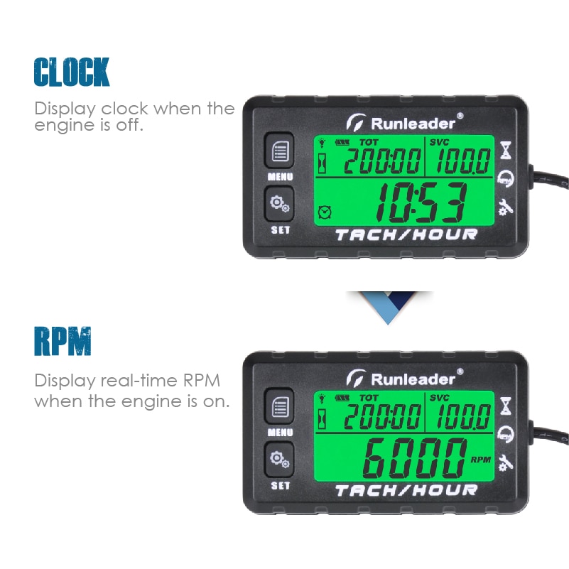Engine Tachometer Maintenance Reminder Hour Meter Digital Tacho Hour Meters Multi-Color Backlit Display for Boat Lawn Mower HM032B