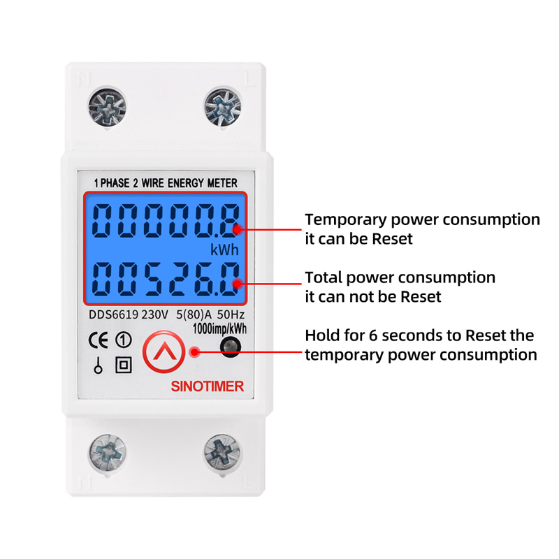 Din Rail Digital Single Phase Reset Zero Energy Meter kWh Voltage Current Power Consumption Meter Wattmeter Electricity 220V AC