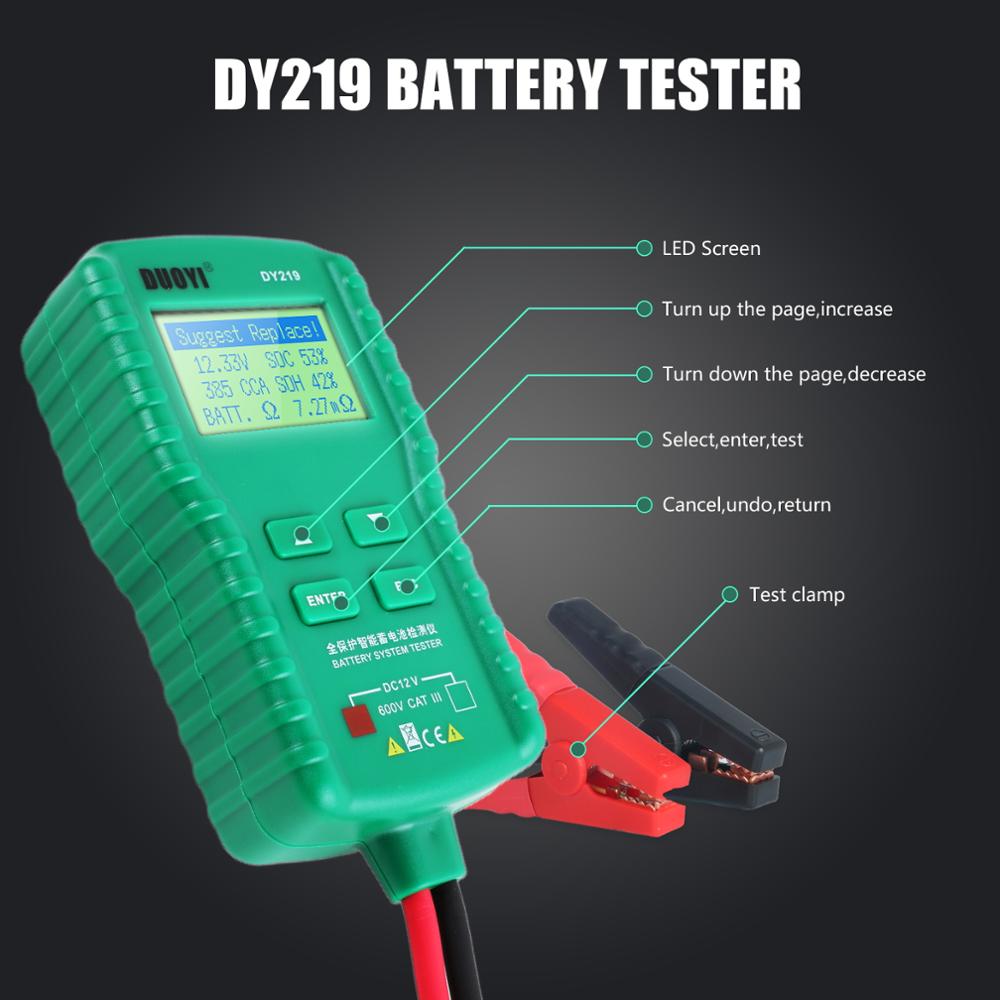DY219 DY219A 12V 24V Digital Battery Tester Automotive AH 100-1000CCA Voltage Battery Analyzer Load Multifunction Diagnostic Tools