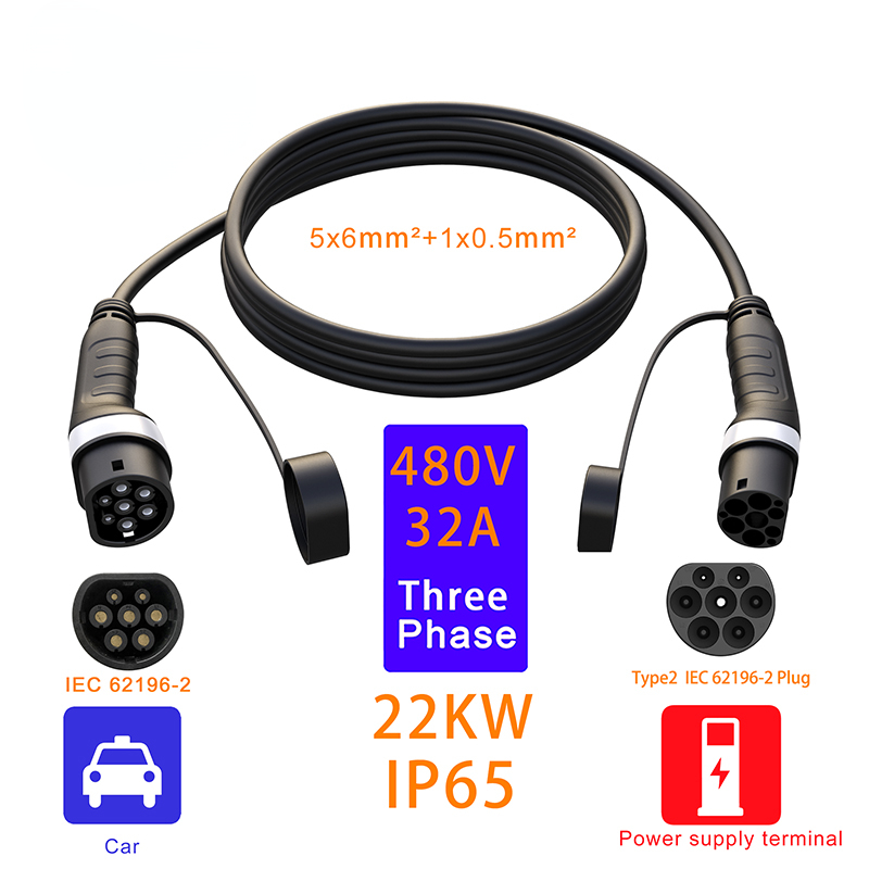 Type2 Female to Male Plug EV Charging Cable 32A 22KW Three Phase Electric Car IEC62196 Connector for Car Charger Station