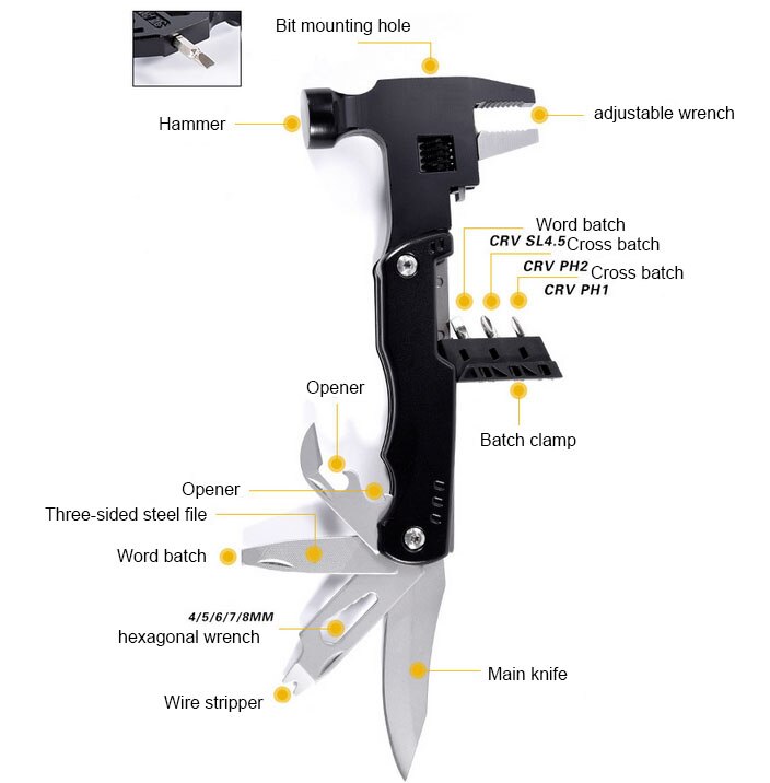 Outdoor camping tools folding knife Multifunctional hammer Adjustable open end wrench Screwdriver Pocket knife Bottle opener