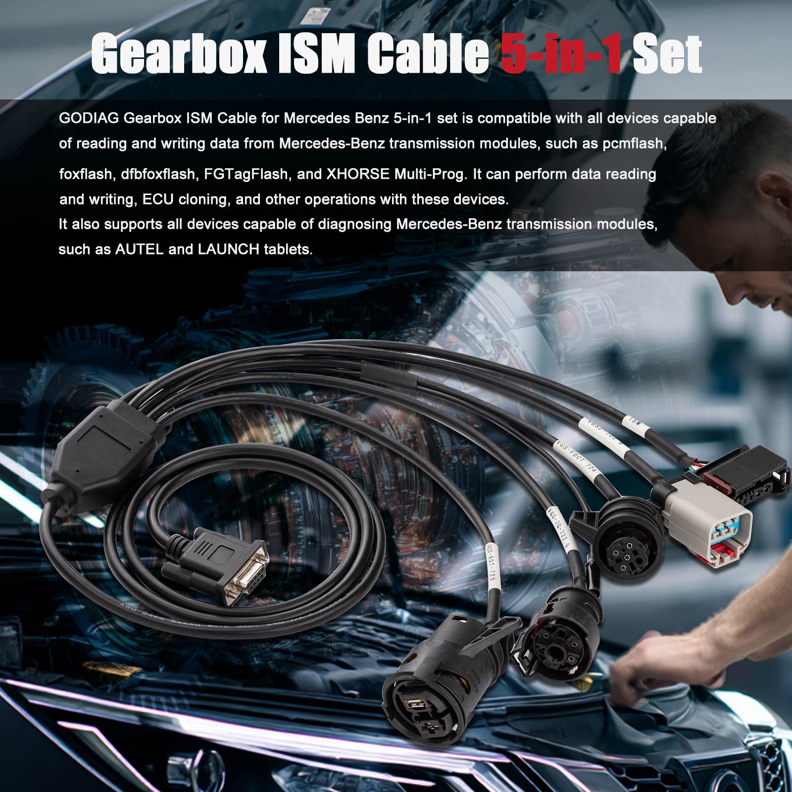 2025 GODIAG Gearbox ISM Cable 5-in-1 Set for Mercedes Benz VGS-FDCT 724/ VGS2-722.8/ VGS-7Gtronic-722.9/ VGS-9GT-725/ ISM