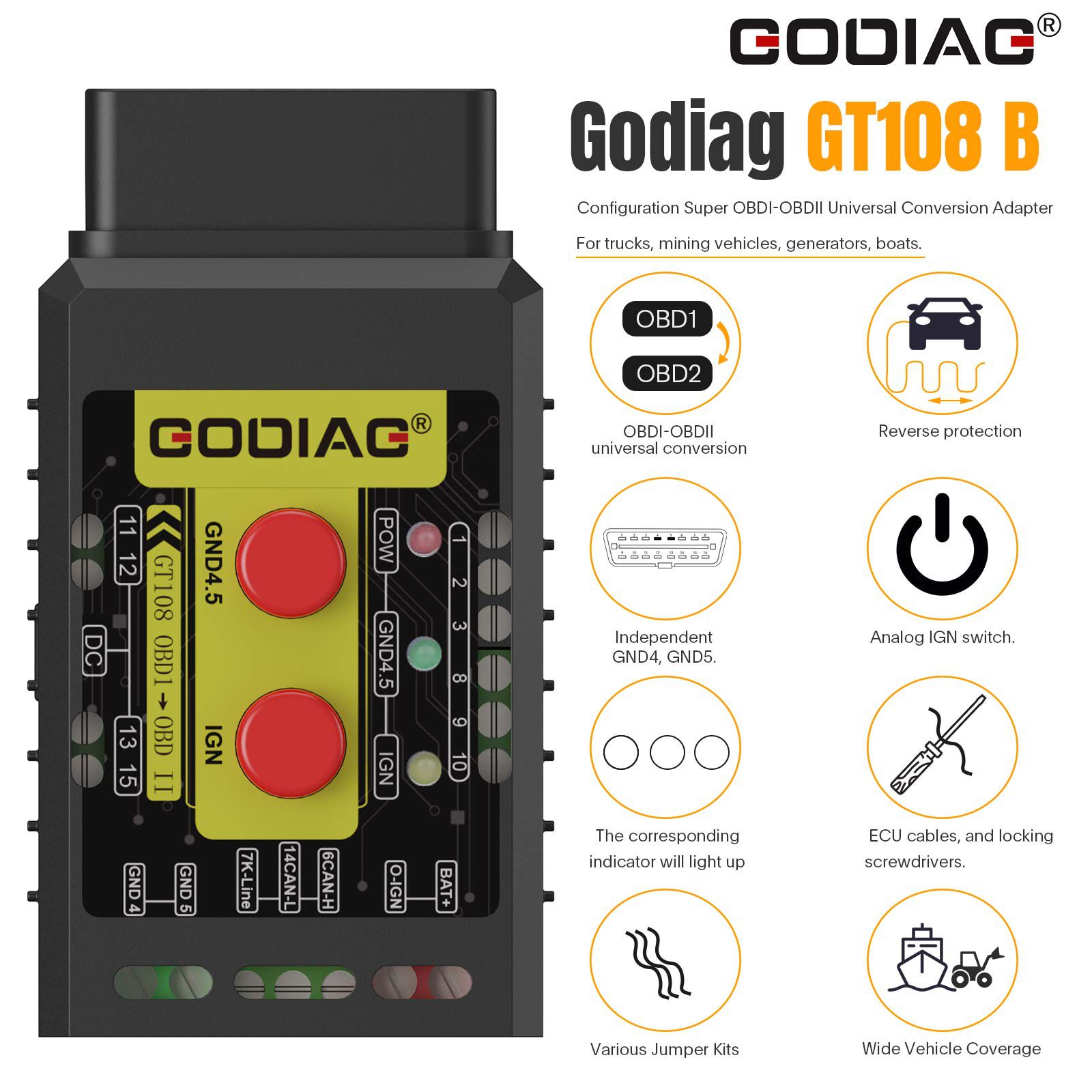 GODIAG GT108 B Configuration Super OBDI-OBDII Universal Conversion Adapter For Trucks, Tractors, Mining Vehicles, Generators, Boats