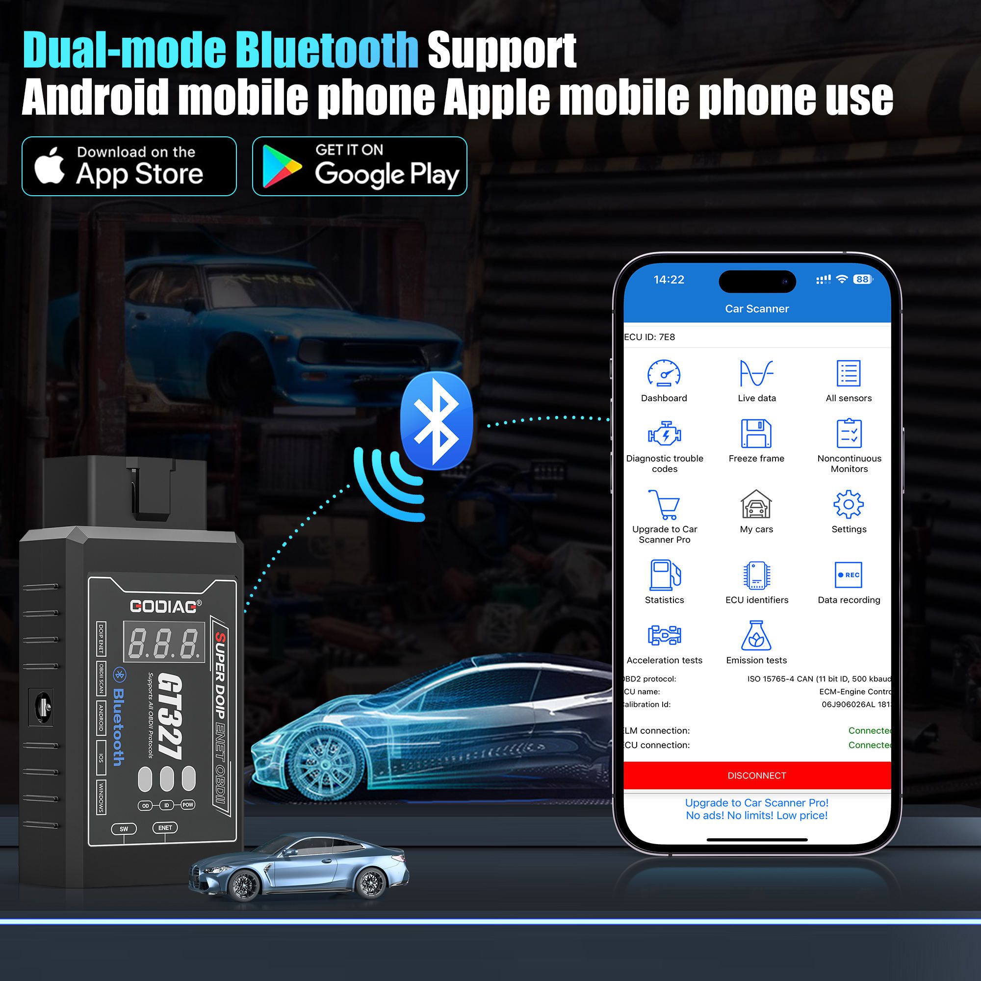 GODIAG GT327 SUPER DOIP ENET ELM327v1.5 Bluetooth 4.0 OBDII Scanner with Voltage Display for iOS/Android/Windows