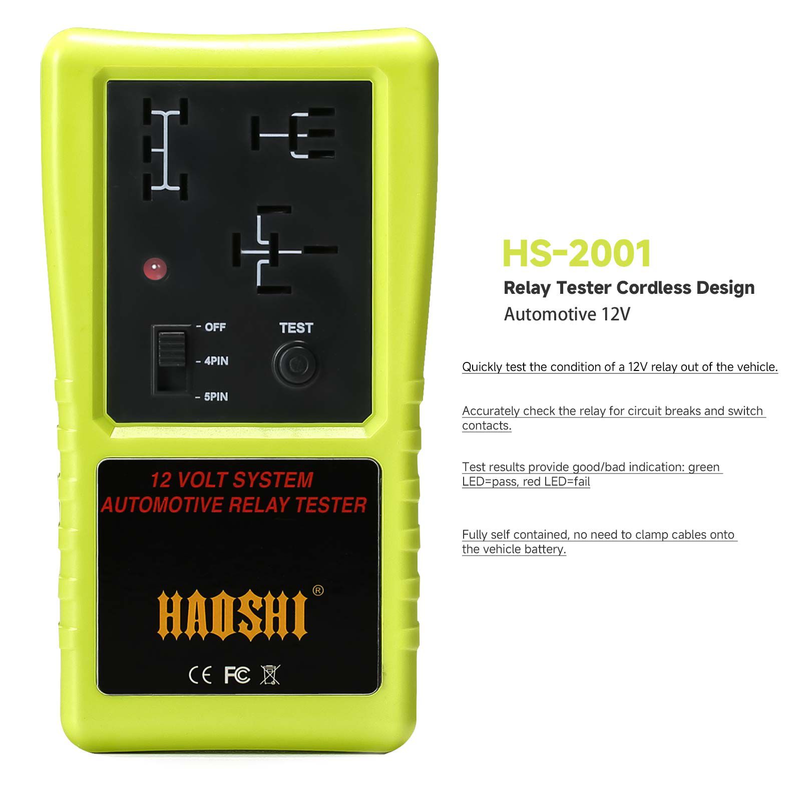 HAOSHI HS-2001 Automotive 12V Relay Tester Cordless Design Green/ Red