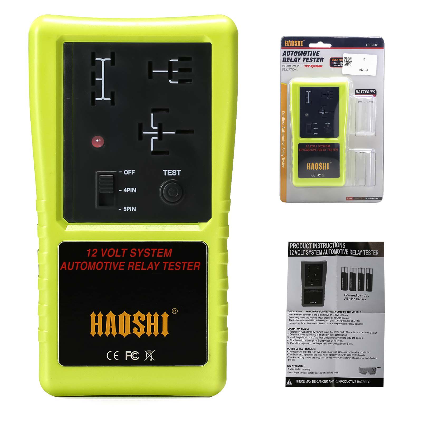 HAOSHI HS-2001 Automotive 12V Relay Tester Cordless Design Green/ Red