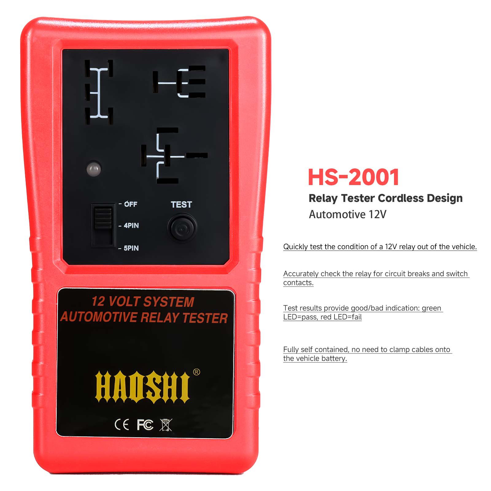 HAOSHI HS-2001 Automotive 12V Relay Tester Cordless Design Green/ Red