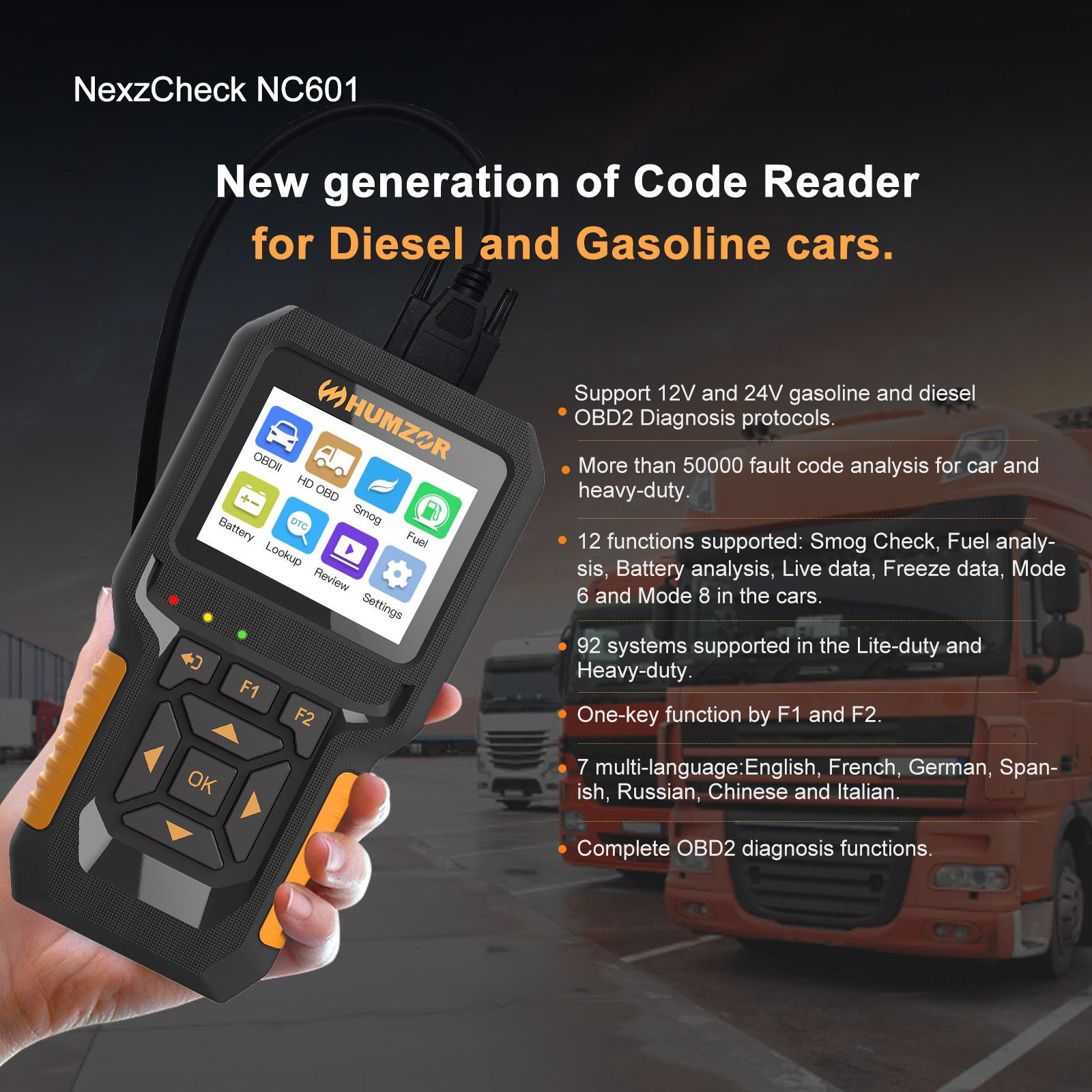 HUMZOR NexzCheck NC601 for Diesel and Gasoline I/M Readiness, MIL Status Analysis, Smog Check, Fuel Analysis, Battery Analysis, Live Data, Freeze Data