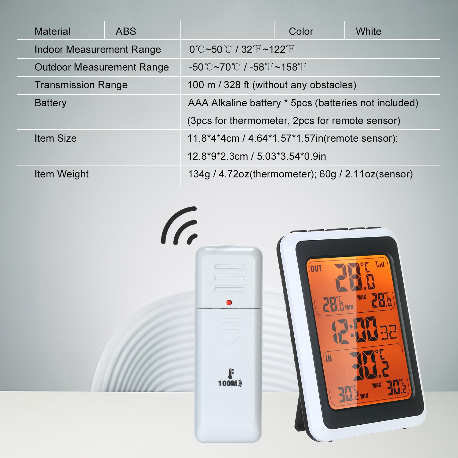 Indoor Outdoor Wireless Thermometer Digital Room Temperature Monitor with Time Alarm Clock Backlight with 328ft Remote Sensor