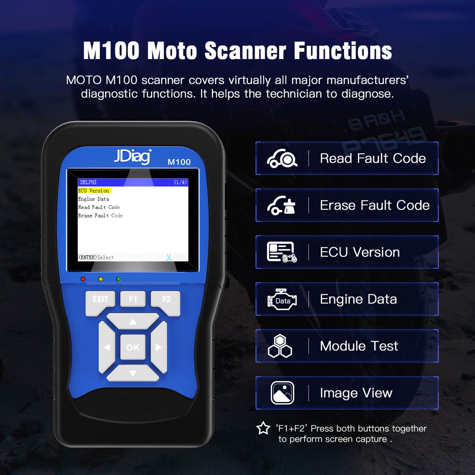 JDiag M100 Full Version Moto Scanner for Hartford, Aeon, Honda, SYM, Yamaha, Suzuki, Kymco, Kawasaki, Piaggio, PGO, KTM etc.