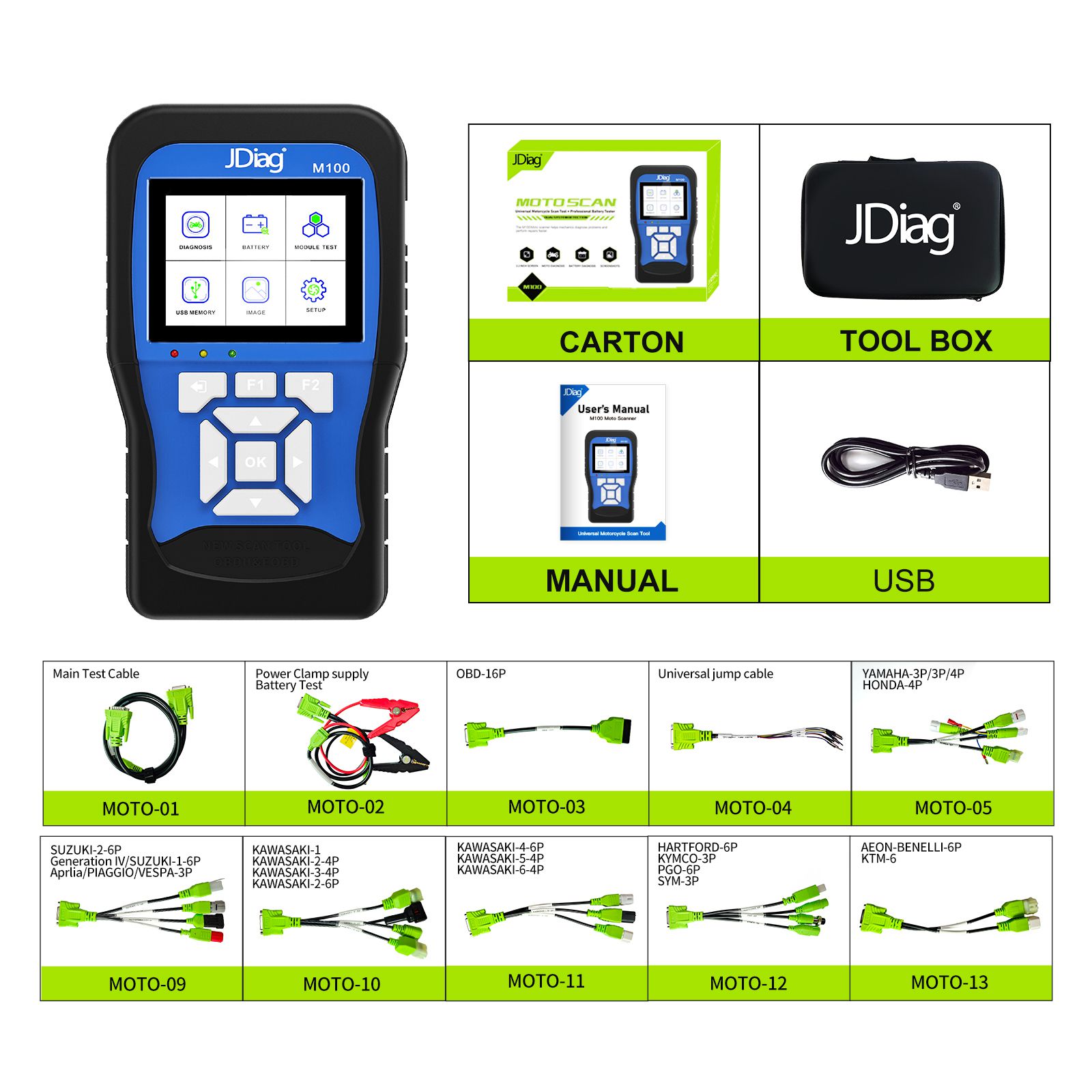 JDiag M100 Full Version Moto Scanner for Hartford, Aeon, Honda, SYM, Yamaha, Suzuki, Kymco, Kawasaki, Piaggio, PGO, KTM etc.