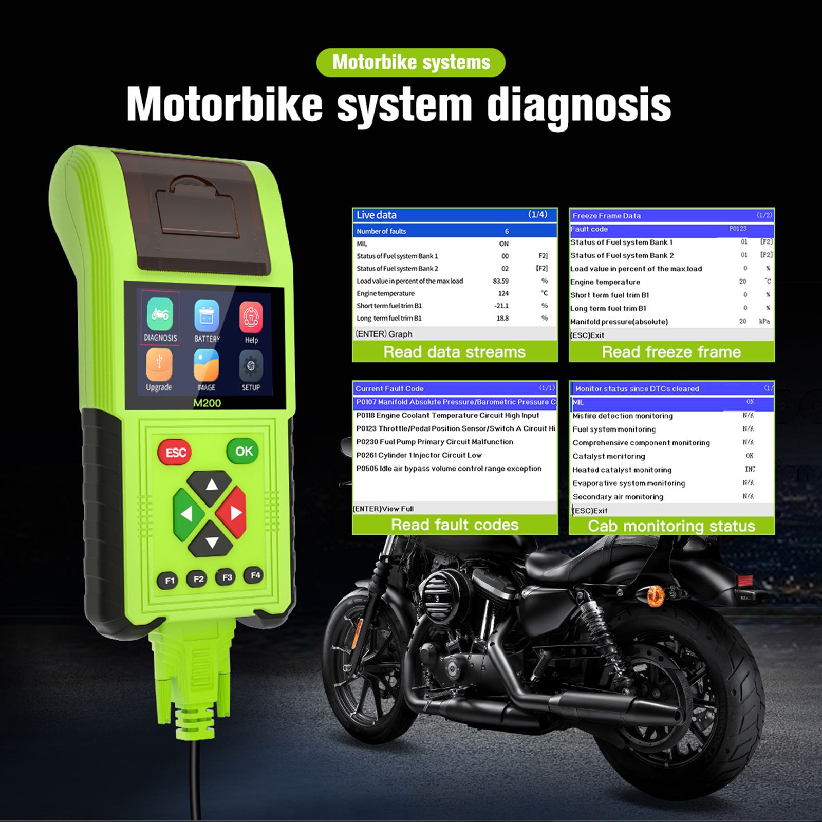 JDiag M200 Full Version Handheld Motorcycle Diagnostic Tool, Dual System Motorcycle Tester + Professional Battery Tester