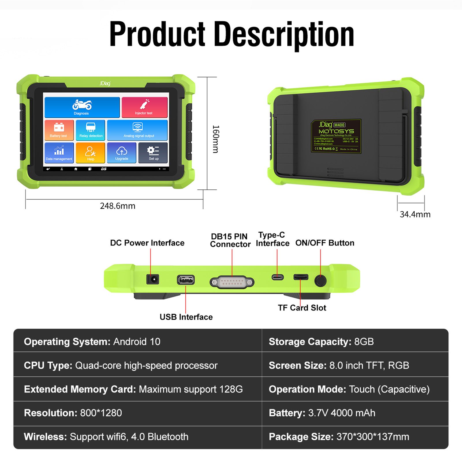 JDiag M400 Intelligent Motorcycle Diagnostic Scanner 8-inch Large Screen ABS Diagnostic Analog Signal Output Battery Testing