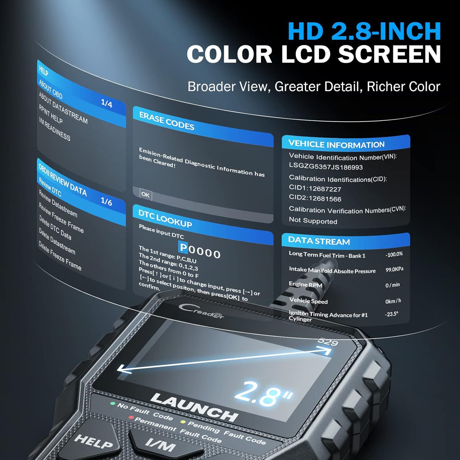 LAUNCH CR529 OBD2 Scanner Diagnostic Tool, Full OBD2 Scanner Backup, Clear Codes, One Click I/M, for DIYers with Cars After 1996