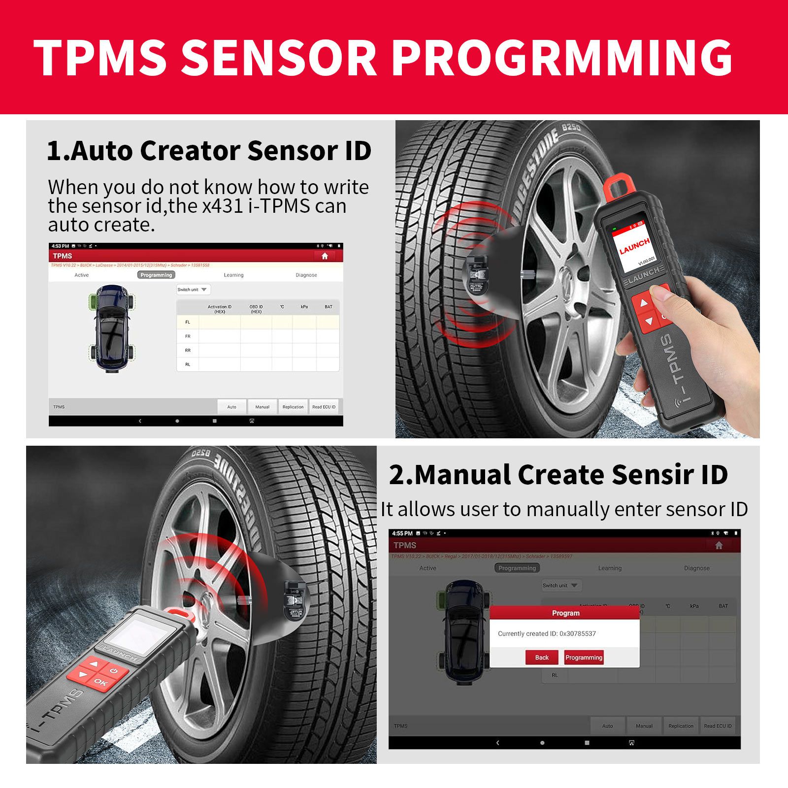 2024 Launch i-TPMS Handheld TPMS Service Tool Can be Binded with X-431 Scanner and the i-TPMS APP Supports All 315/433MHz Sensors