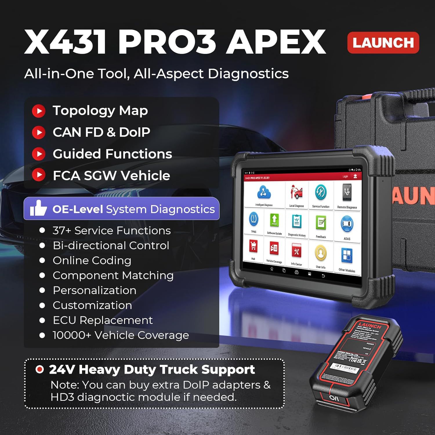 2024 LAUNCH X431 PRO3 APEX 10inch Diagnostic Scanner Support Topology Map Online Coding CAN FD & DoIP HD Truck Scan with 37+Services