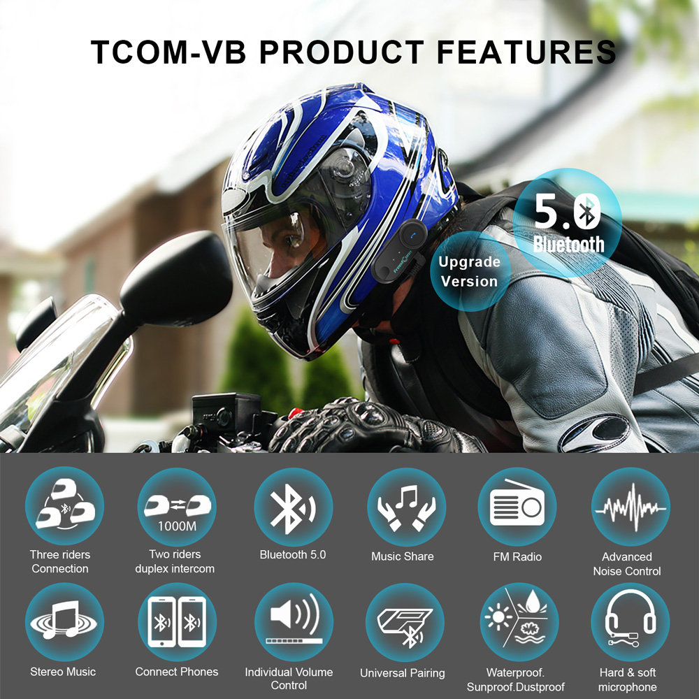 Updated Version! Original FreedConn T-COM VB Motorcycle Bluetooth Helmet Headset 800M Intercom Multi Interphone FM Radio