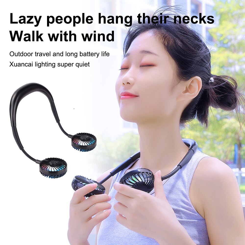 New USB Hands-Free Hanging Neck Fan Mini Personal Portable Cooling Fan 7Color LED Lights Air Cooler Neck Fan Personalized Fan