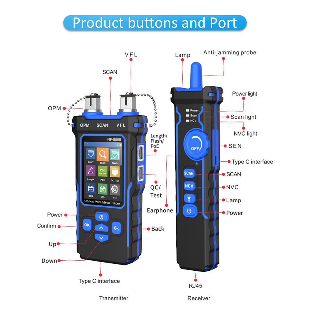 NF-8508 Network Cable Tester LAN Optical Power Meter Tester LCD Display Measure Length Wiremap Tester Cable Tracker