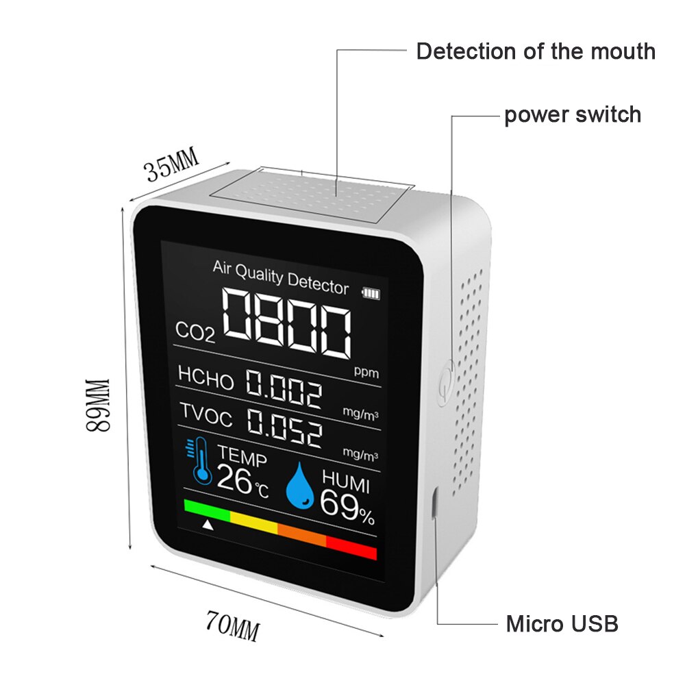 Portable CO2 Detector Air Quality Intelligent Temperature Humidity Sensor Tester Carbon Dioxide Monitor TVOC Formaldehyde HCHO