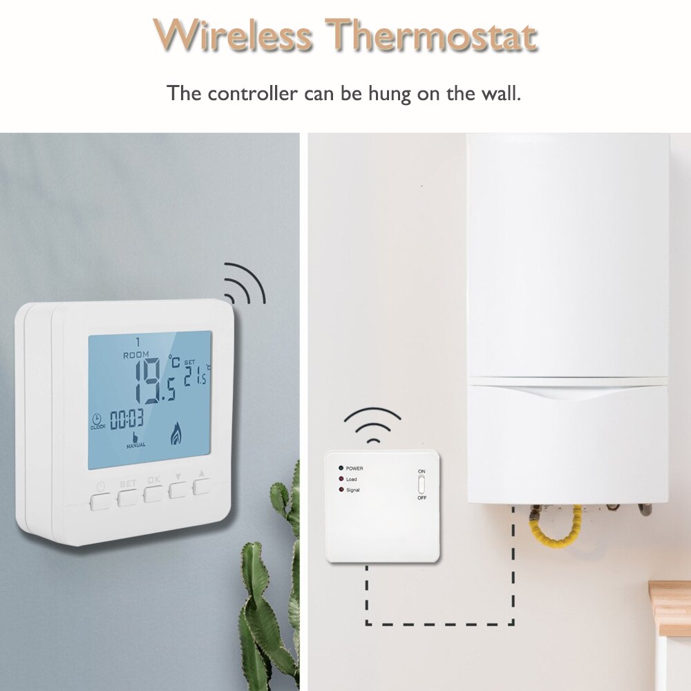 Smart Thermostat Wireless & RF Temperature Controller Kit Programmable Battery Powerd for Gas Boiler Room Heating
